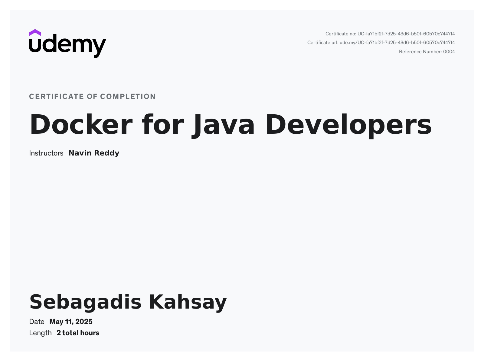 Certificate of completion - Docker for Java Developer